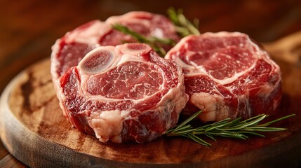 Fresh raw red meat showcasing uncooked pork chops and a beef steak, ready for cooking