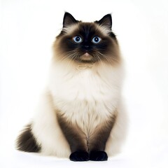 A charming Himalayan cat sitting elegantly, its long silky fur and deep blue eyes glowing under diffused lighting, full-body portrait, clean white background. 