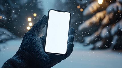 Person Holding Smartphone in Snowy Winter Scene with Bokeh Lights