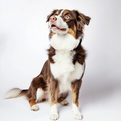 A charming young Australian Shepherd sitting neatly, its thick coat well-defined under bright studio lighting, expressive eyes looking upward, white backdrop.
