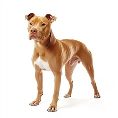 Fototapeta premium A confident American Pit Bull Terrier standing with a strong stance, its smooth coat and muscular build well-defined under even lighting, full-body portrait, white backdrop.