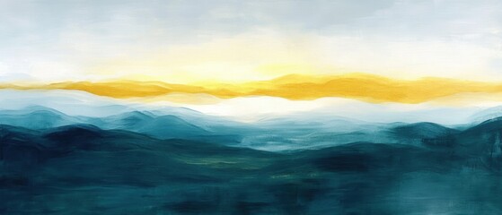 Fototapeta premium A vibrant painting showcasing a mountain range under a yellow sky with fluffy clouds.
