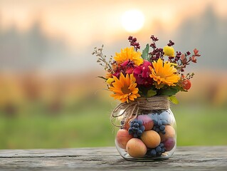 Autumnal fruit & flower arrangement for sunset.