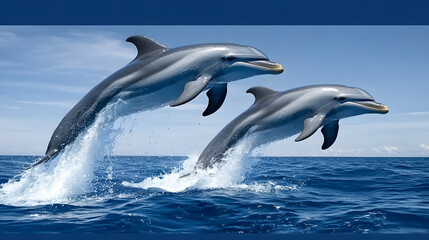 Fototapeta premium Playful Dolphins Jumping Above Sparkling Ocean Waves in Sunshine