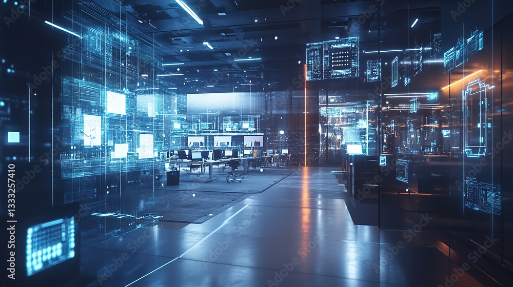 Poster modern and futuristic office interior with binary code holograms and virtual network connections