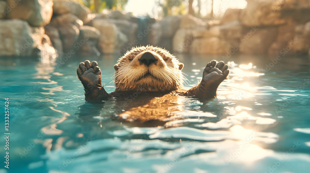 Poster playful otter floating in sunlit pool with joyful expression