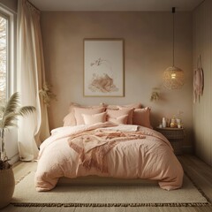A cozy bedroom interior featuring a bed and soft pastel colors