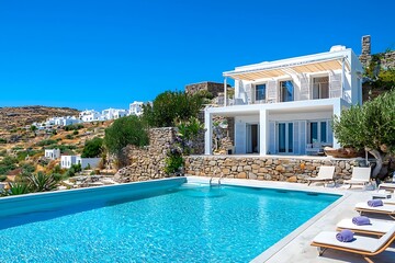 Fototapeta premium Inviting Retreat Contemporary Residence luxury villa with large swimming pool Luxury modern estate property on hill with stunning sea view Summer vacation tourism