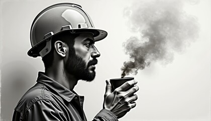 Charcoal sketch construction worker profile with helmet near industrial smoke for workplace hazard awareness campaigns