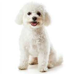 Obraz premium A cute Bichon Frise sitting with its curly white fur appearing soft and fluffy, high-key lighting adding depth, full-body shot, clean white background. 