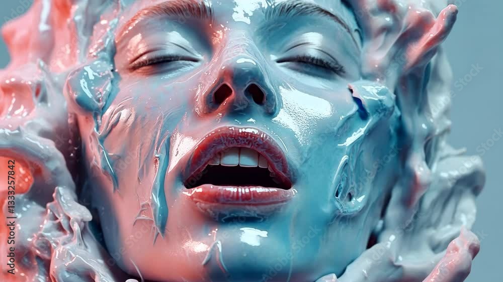 Poster artistic representation of a woman submerged in flowing pastel colors creating a surreal effect in a