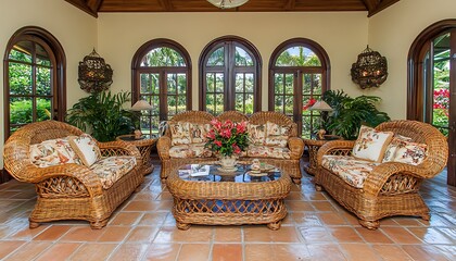 Tropical Sunroom Wicker Furniture Relaxation.