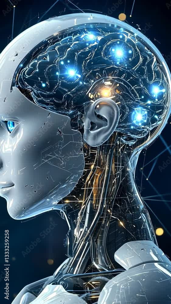 Poster advanced humanoid robot with illuminated neural network in futuristic setting