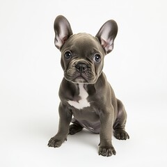 Fototapeta premium A cute French bulldog puppy sitting with perked ears, its round eyes gazing curiously at the camera, soft even lighting, close-up portrait, white background. 