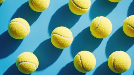 Fototapeta premium Yellow tennis balls in a circular pattern on a blue court, symbolizing precision and focus in sports.
