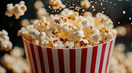 Close-up of freshly popped popcorn in a classic red and white striped container ideal for movie nights snack time and home entertainment