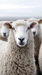 Fototapeta premium Sheep Stare Head-On in Field. Cloudy Day Backdrop