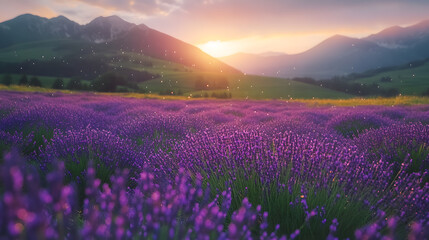 Obraz premium Serene Lavender Field at Sunrise with Mountains in the Background
