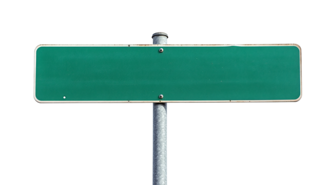 Green street sign, cut out. Isolated on a transparent background.