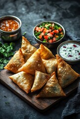 Delicious Golden Samosas on Wooden Board with Colorful Dips and Fresh Salad in Bowls in Dark Setting