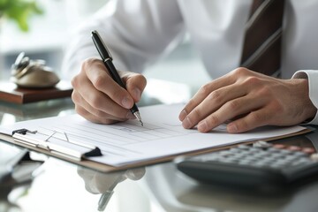 A professional's hands writing on paper with a pen, surrounded by office tools, conveying focus and productivity in a business setting.
