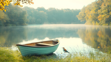 Serene Morning at a Tranquil Lake with Rowboat and Bird