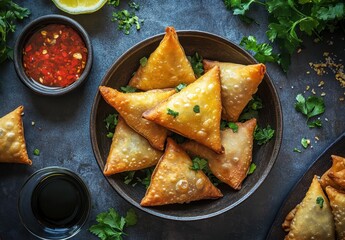 Delicious Golden Samosas Served in Wooden Bowl with Fresh Herbs and Dipping Sauce on Dark Tabletop, Perfect for Snacks or Appetizers