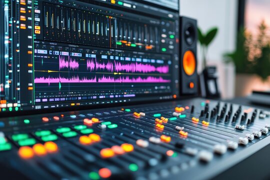 A vibrant digital audio workstation interface displaying colorful sound waves and controls for music production.