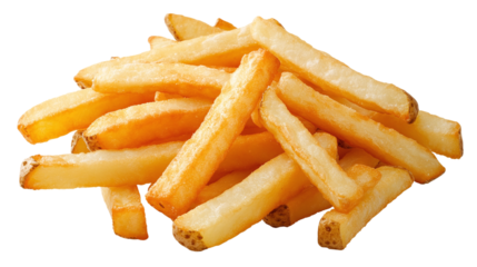 Set of flying delicious french fries, cut out. Isolated on a transparent background.