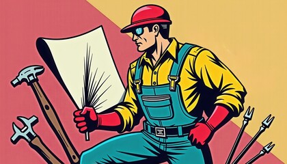 Pop Art Handyman in Overalls with Tools for Repair Services Advertising, Contractor Websites