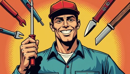 Pop Art Construction Worker Holding Tools for Contractor Websites, Trade Services Advertising