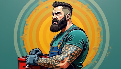 Pop Art Bearded Tattooed Handyman for Modern Contracting Services, Urban Renovation Blogs