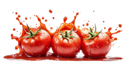 Set of fresh tomatoes splashing in delicious ketchup, cut out. Isolated on a transparent background.