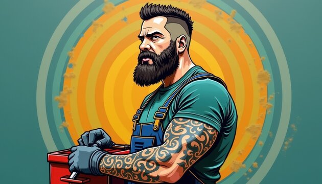 Pop Art Bearded Tattooed Handyman for Modern Contracting Services, Urban Renovation Blogs