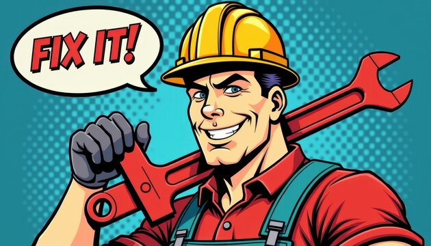 Pop Art Handyman with Fix It Speech Bubble for Repair Service Advertising, Home Maintenance Websites