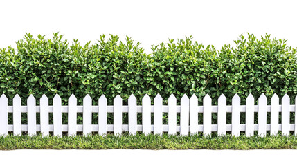 Fototapeta premium Set of lush green bushes over white picket fences, cut out. Isolated on a transparent background.