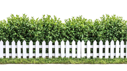 Set of lush green bushes over white picket fences, cut out. Isolated on a transparent background.