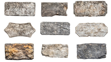 Set of old stone sign plates, cut out. Isolated on a transparent background.