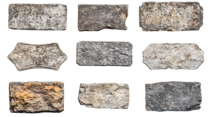 Set of old stone sign plates, cut out. Isolated on a transparent background.