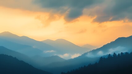 Fototapeta premium Mountain Majesty: A breathtaking landscape showcasing layered mountain ranges enveloped in a soft haze under a stunning sunset sky.