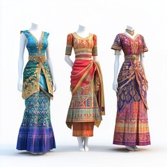 Three Mannequins Displaying Vibrant Traditional Asian Clothing