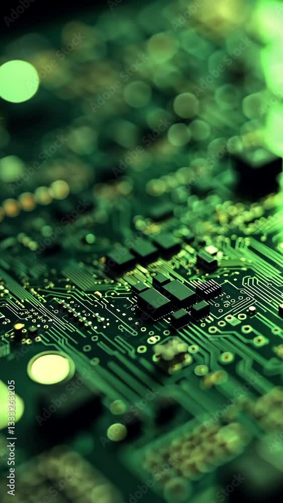 Poster close-up view of intricate circuit board showcasing electronic components in soft green lighting