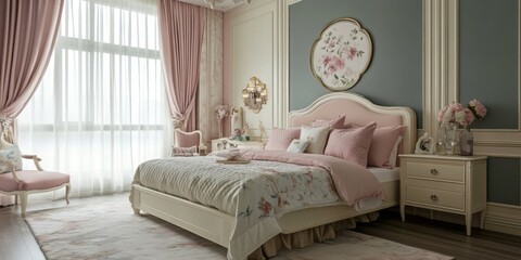 A beautifully designed bedroom with floral decor and soft colors