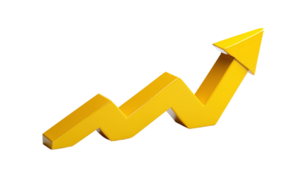 Yellow upward arrow graph showing rising trend, cut out. Isolated on a transparent background.