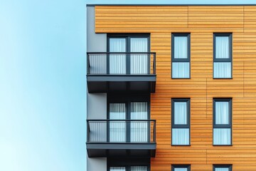 Fototapeta premium Modern building facade featuring wooden panels and balconies, showcasing contemporary architecture against a clear sky.