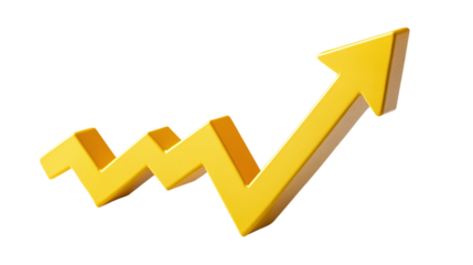 Yellow upward arrow graph showing rising trend, cut out. Isolated on a transparent background.
