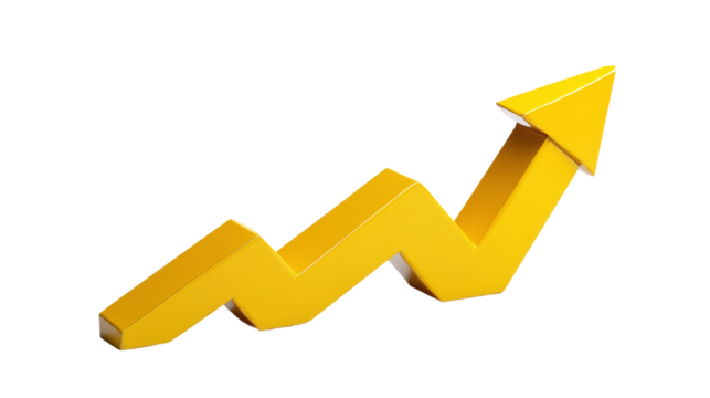 Yellow upward arrow graph showing rising trend, cut out. Isolated on a transparent background. - Powered by Adobe