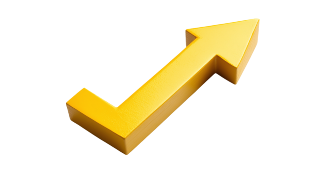 Yellow upward arrow graph showing rising trend, cut out. Isolated on a transparent background.