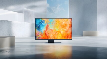Fototapeta premium A sleek and minimalist OLED television display panel showcasing a vibrant abstract visual artwork in a contemporary elegant living space