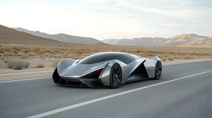 Naklejka premium A sleek chrome finished futuristic racing car accelerating at high speed on a barren desert road with a dynamic aerodynamic design showcasing the power of advanced automotive technology
